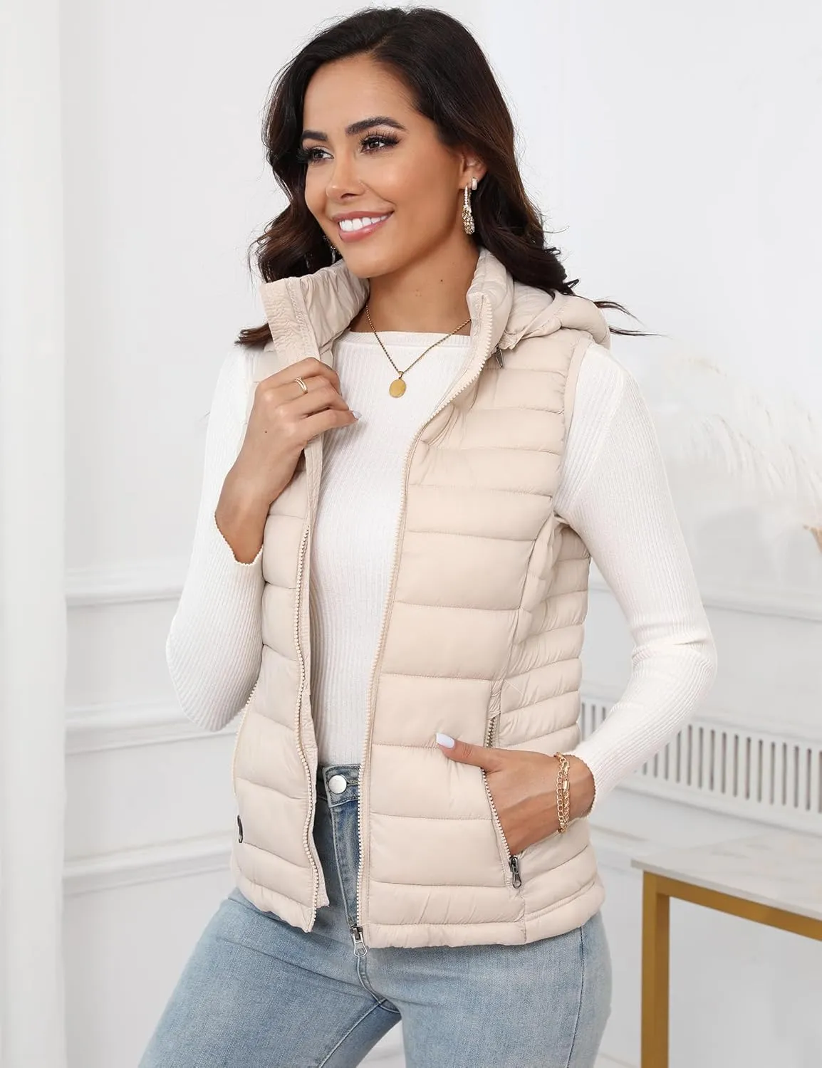 SLOW DOWN Womens Lightweight Puffer Vest, Womens Winter Packable Vest, Womens Puffy Vest with Removable Hood and Zip Pockets