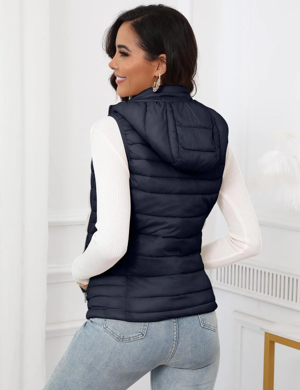SLOW DOWN Womens Lightweight Puffer Vest, Womens Winter Packable Vest, Womens Puffy Vest with Removable Hood and Zip Pockets