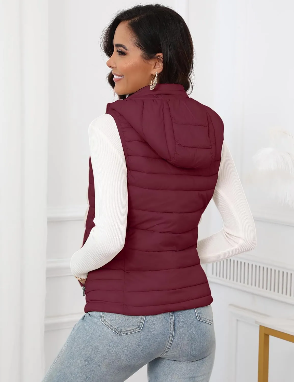 SLOW DOWN Womens Lightweight Puffer Vest, Womens Winter Packable Vest, Womens Puffy Vest with Removable Hood and Zip Pockets