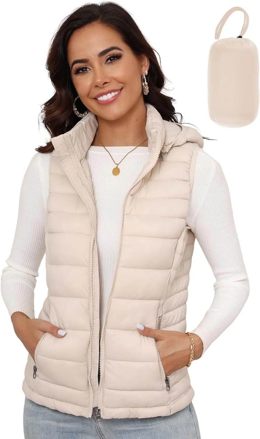 SLOW DOWN Womens Lightweight Puffer Vest, Womens Winter Packable Vest, Womens Puffy Vest with Removable Hood and Zip Pockets