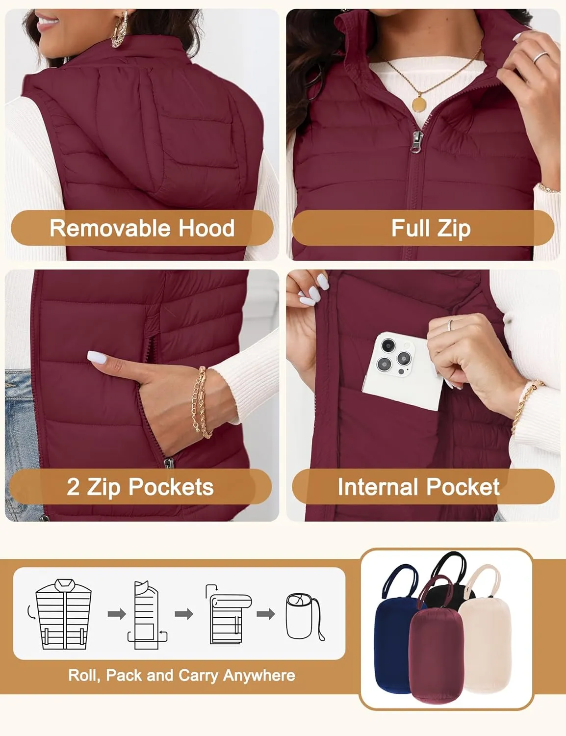SLOW DOWN Womens Lightweight Puffer Vest, Womens Winter Packable Vest, Womens Puffy Vest with Removable Hood and Zip Pockets