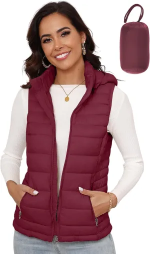 SLOW DOWN Womens Lightweight Puffer Vest, Womens Winter Packable Vest, Womens Puffy Vest with Removable Hood and Zip Pockets