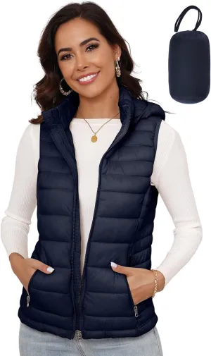 SLOW DOWN Womens Lightweight Puffer Vest, Womens Winter Packable Vest, Womens Puffy Vest with Removable Hood and Zip Pockets