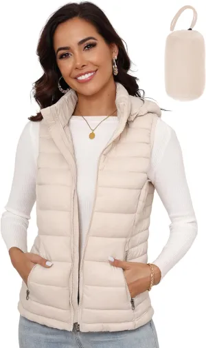 SLOW DOWN Womens Lightweight Puffer Vest, Womens Winter Packable Vest, Womens Puffy Vest with Removable Hood and Zip Pockets