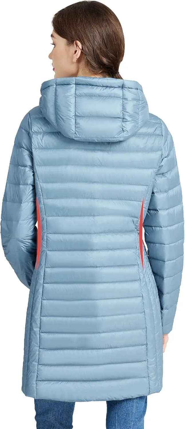 SLOWTOWN Womens Lightweight Down Puffer Coat Packable Long Down Coat Hood Winter Puffer Jacket