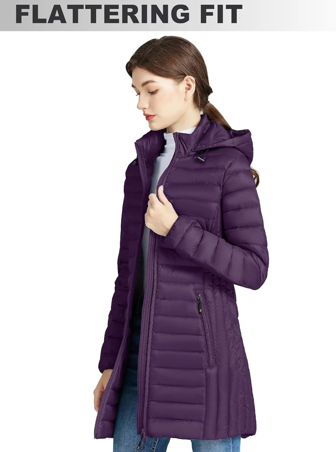 SLOWTOWN Womens Lightweight Down Puffer Coat Packable Long Down Coat Hood Winter Puffer Jacket
