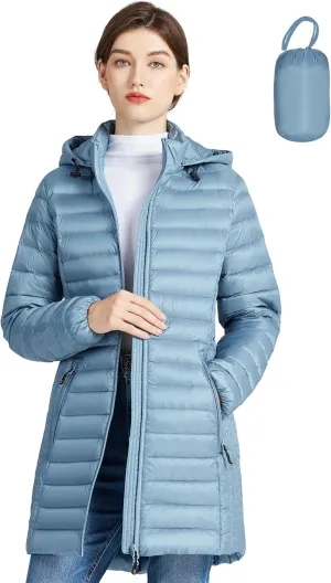 SLOWTOWN Womens Lightweight Down Puffer Coat Packable Long Down Coat Hood Winter Puffer Jacket