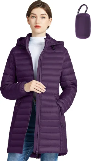 SLOWTOWN Womens Lightweight Down Puffer Coat Packable Long Down Coat Hood Winter Puffer Jacket
