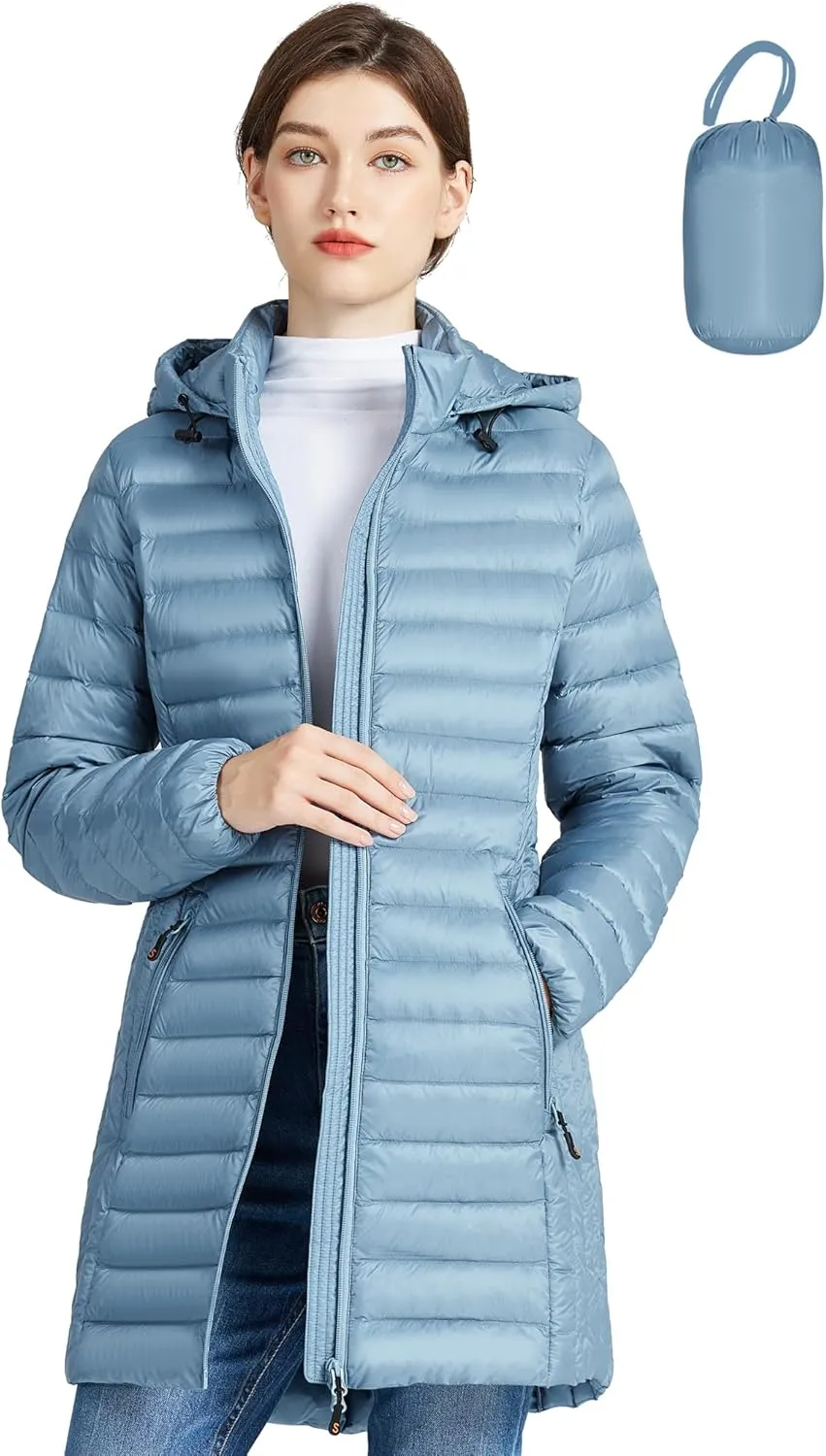 SLOWTOWN Womens Lightweight Down Puffer Coat Packable Long Down Coat Hood Winter Puffer Jacket