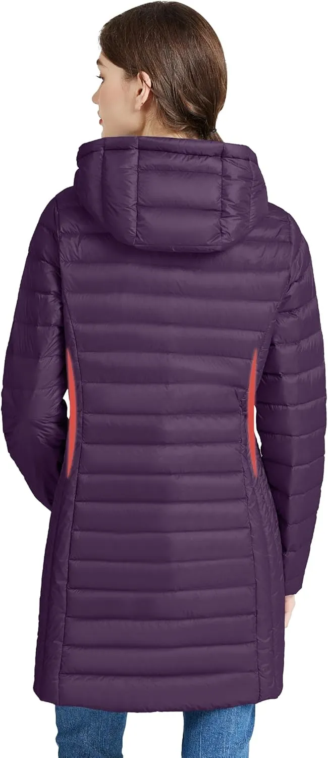 SLOWTOWN Womens Lightweight Down Puffer Coat Packable Long Down Coat Hood Winter Puffer Jacket