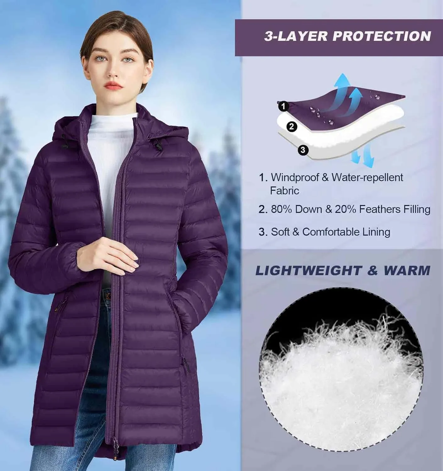 SLOWTOWN Womens Lightweight Down Puffer Coat Packable Long Down Coat Hood Winter Puffer Jacket