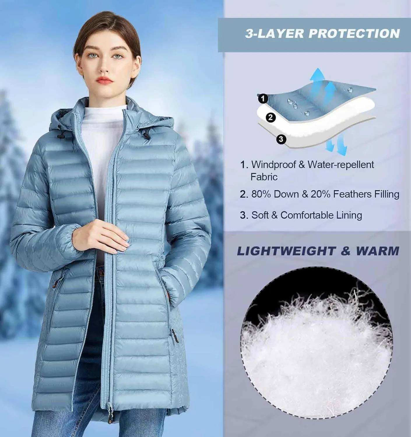 SLOWTOWN Womens Lightweight Down Puffer Coat Packable Long Down Coat Hood Winter Puffer Jacket