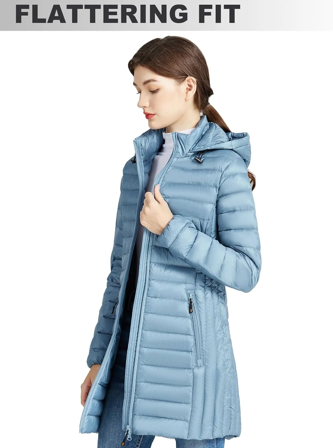 SLOWTOWN Womens Lightweight Down Puffer Coat Packable Long Down Coat Hood Winter Puffer Jacket