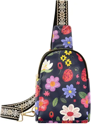 Small Sling Bag for Women Cartoon Flowers Strawberries Leather Crossbody Bags Chest Bag Waist Packs