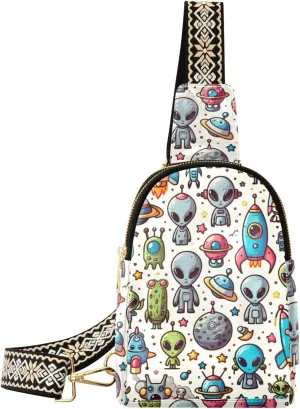 Small Sling Bag for Women Cartoon Space Alient Leather Crossbody Bags Chest Bag Waist Packs
