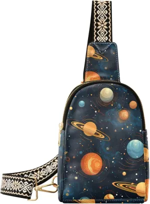 Small Sling Bag for Women Colorful Planet Pattern Leather Crossbody Bags Chest Bag Waist Packs