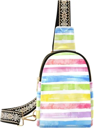 Small Sling Bag for Women Rainbow Color Stripes Leather Crossbody Bags Chest Bag Waist Packs