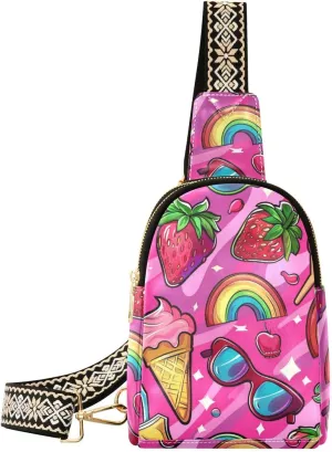 Small Sling Bag for Women Rainbow Strawberry Leather Crossbody Bags Chest Bag Waist Packs
