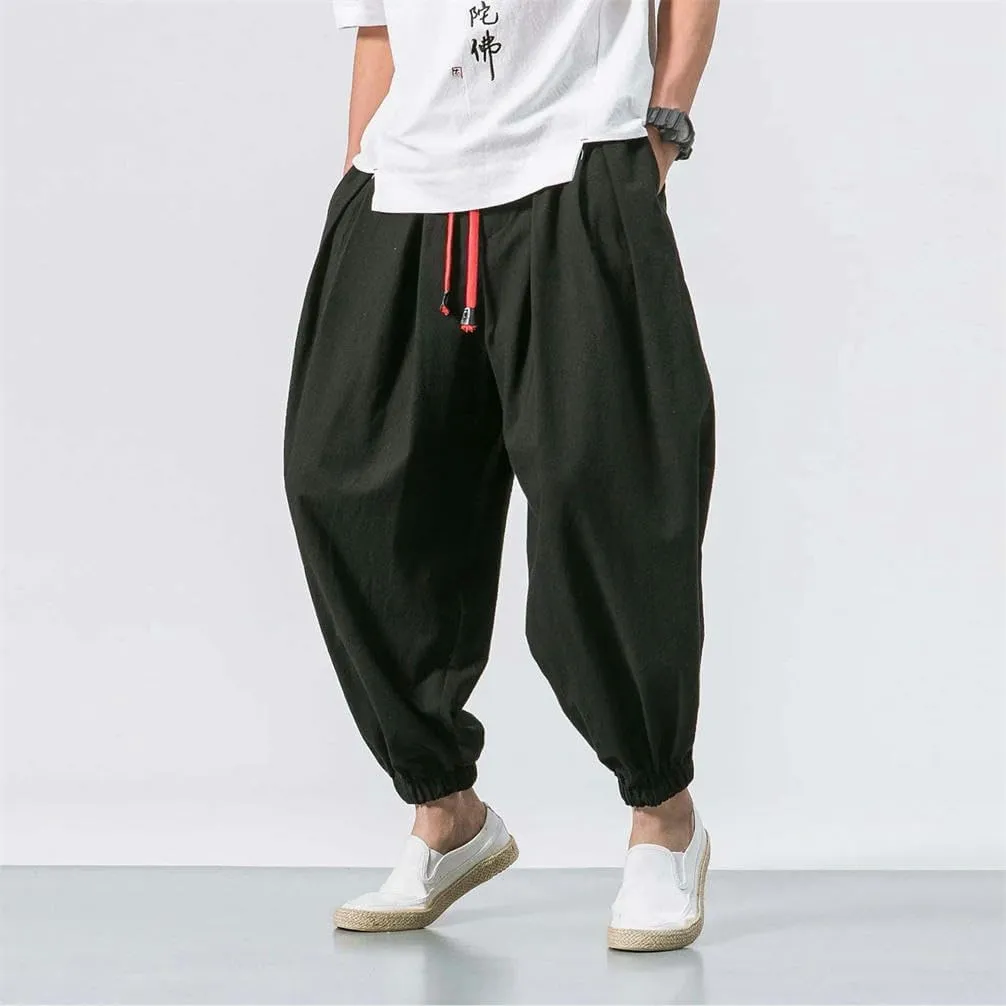 Spring Men's Harem Pants Chinese Style Lightweight Sports Pants Casual with Pocket Solid Color
