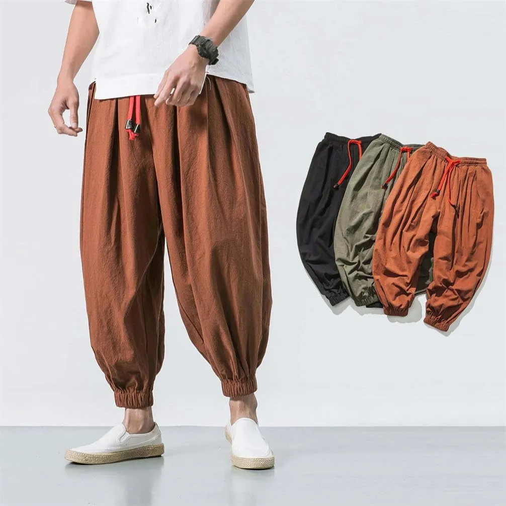 Spring Men's Harem Pants Chinese Style Lightweight Sports Pants Casual with Pocket Solid Color