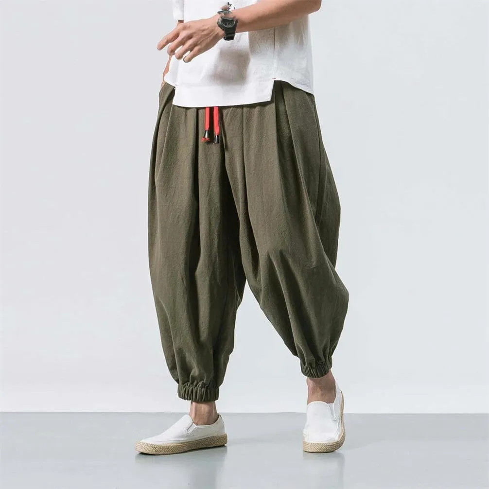 Spring Men's Harem Pants Chinese Style Lightweight Sports Pants Casual with Pocket Solid Color