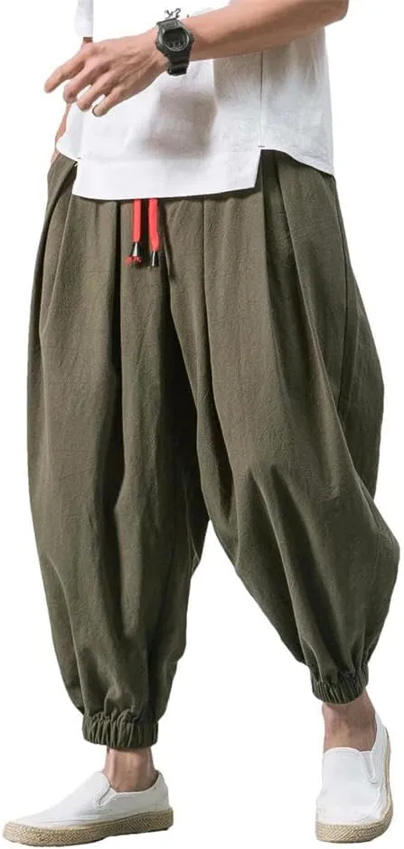Spring Men's Harem Pants Chinese Style Lightweight Sports Pants Casual with Pocket Solid Color
