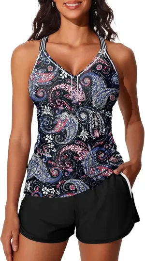 Summer Mae Modest Tankini Swimsuits for Women 2025 Two Piece Bathing Suits with Sporty Pockets Boy Shorts for Tummy Control