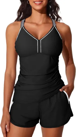 Summer Mae Modest Tankini Swimsuits for Women 2025 Two Piece Bathing Suits with Sporty Pockets Boy Shorts for Tummy Control