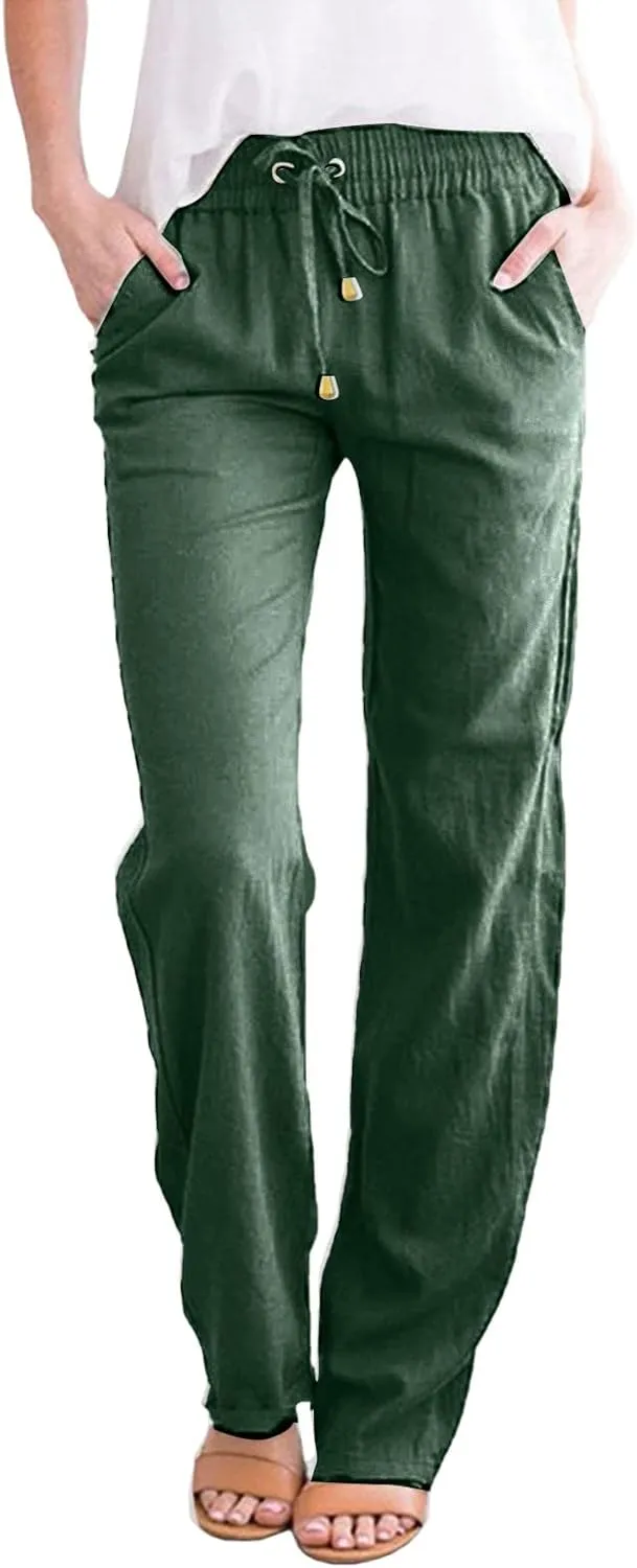 Summer Women Drawstring High Waist Linen Palazzo Pants Pockets Straight Trouser Lightweight Sports Sweatpants Beach, Large