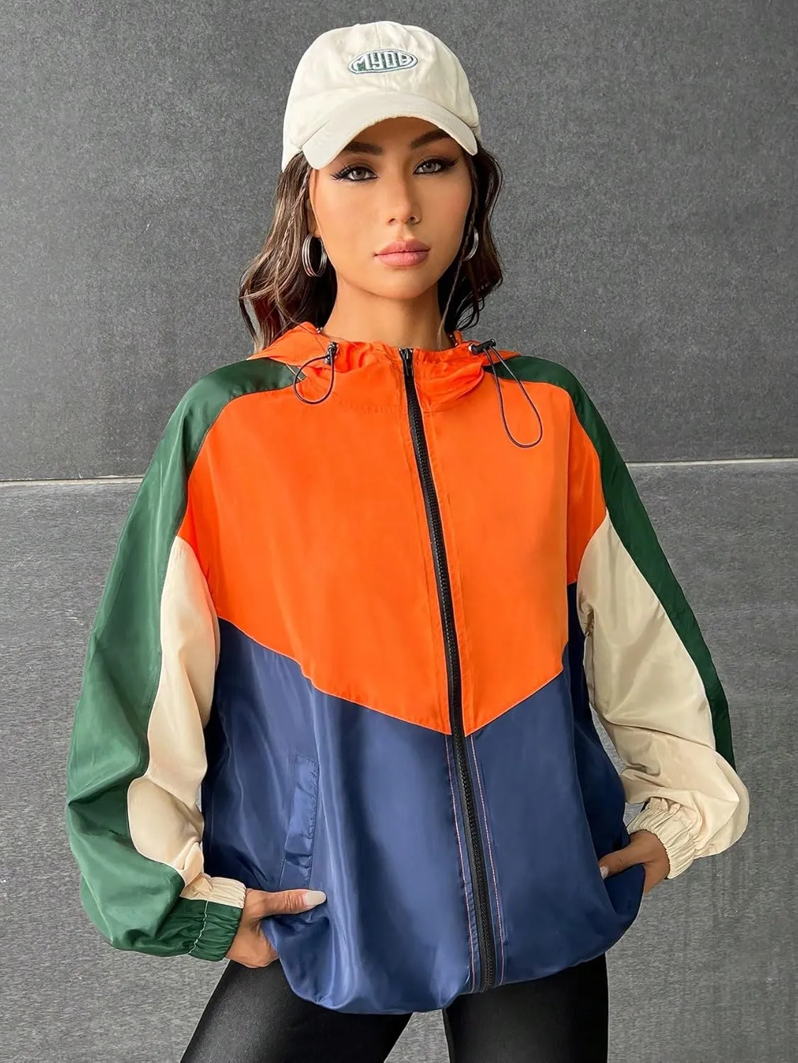 SweatyRocks Women's Casual Color Block Drawstring Hooded Windbreaker Jacket