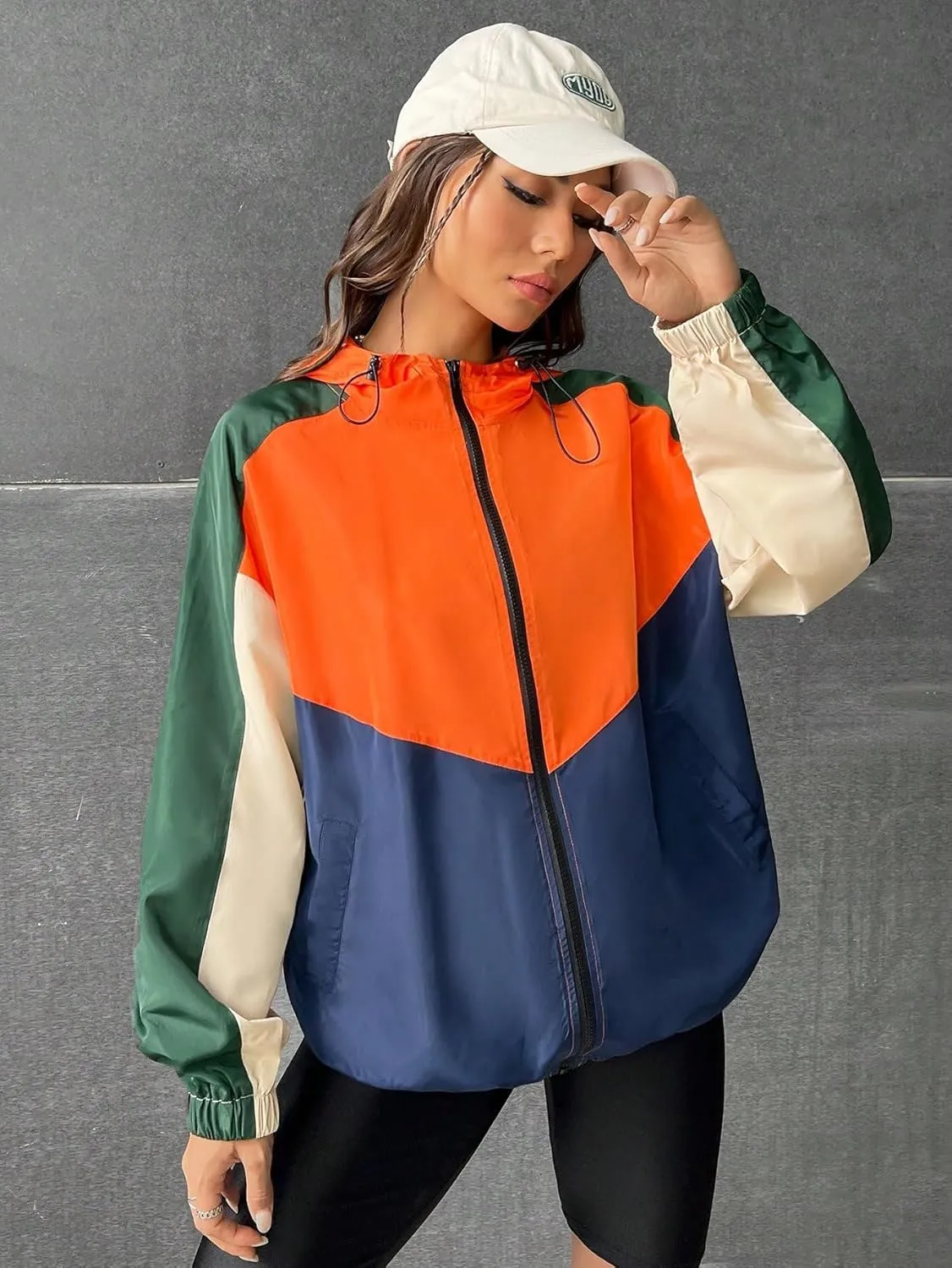 SweatyRocks Women's Casual Color Block Drawstring Hooded Windbreaker Jacket