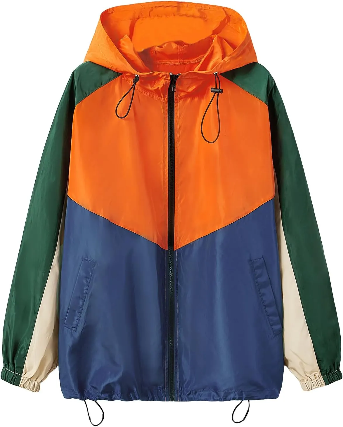 SweatyRocks Women's Casual Color Block Drawstring Hooded Windbreaker Jacket