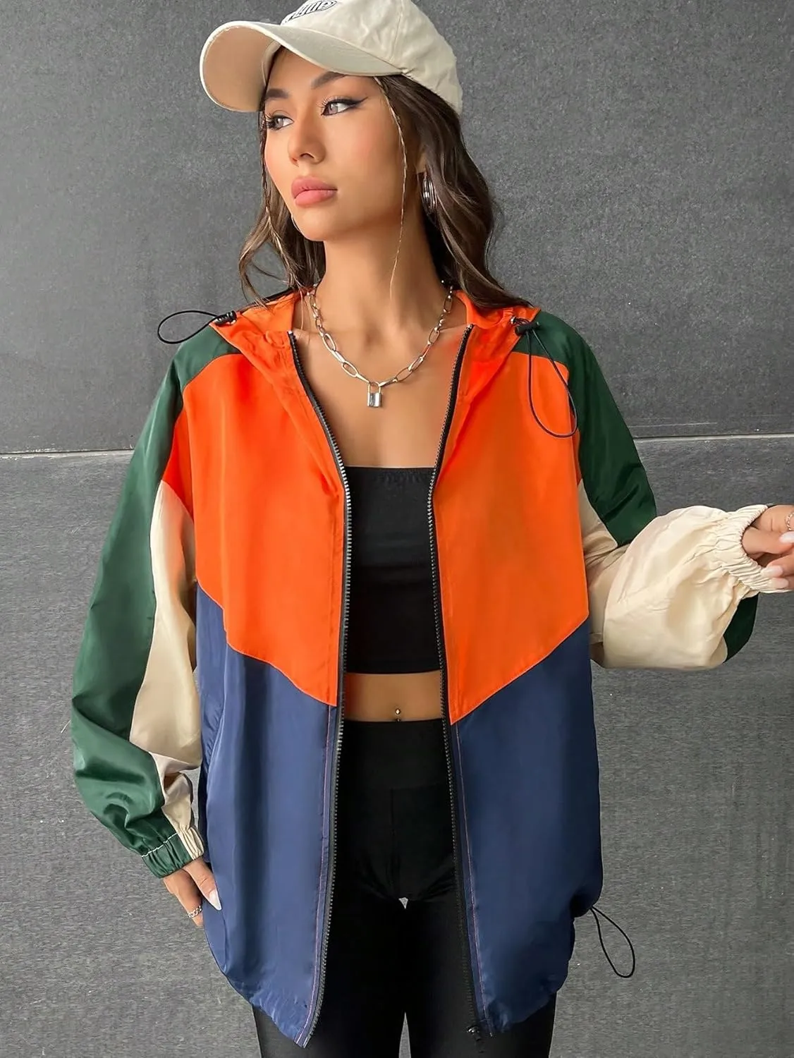 SweatyRocks Women's Casual Color Block Drawstring Hooded Windbreaker Jacket
