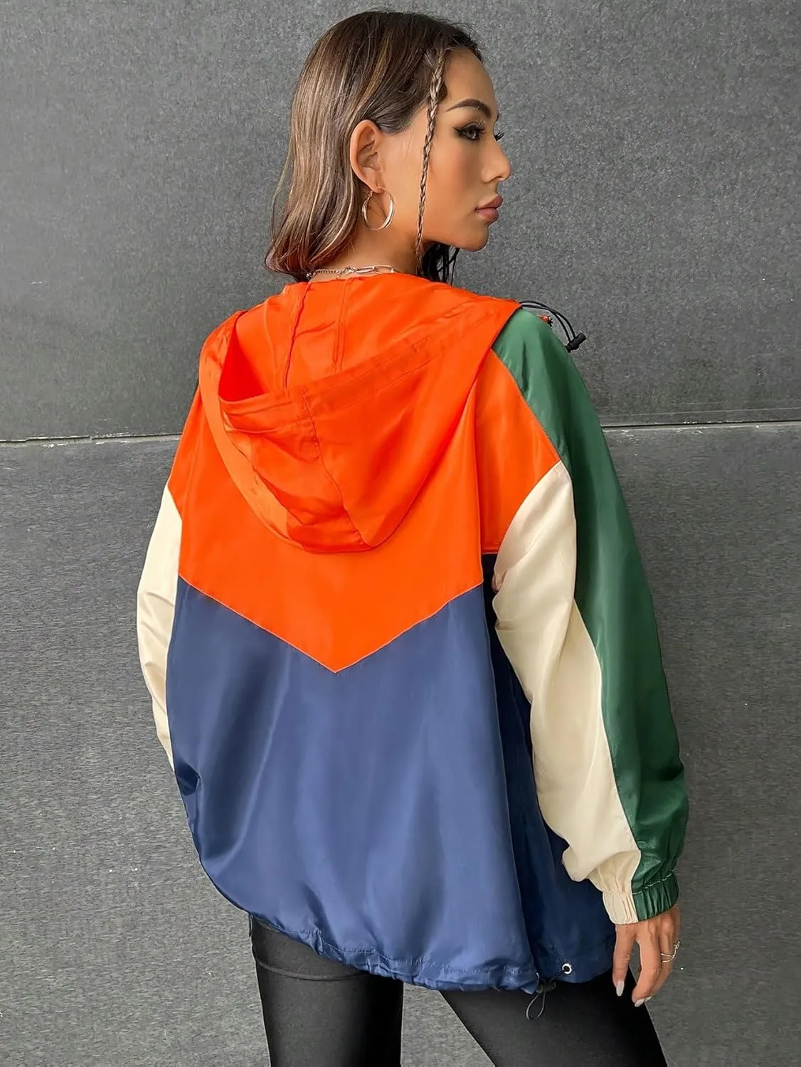SweatyRocks Women's Casual Color Block Drawstring Hooded Windbreaker Jacket