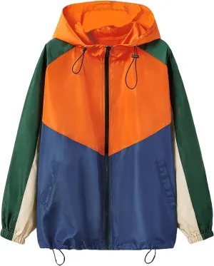 SweatyRocks Women's Casual Color Block Drawstring Hooded Windbreaker Jacket