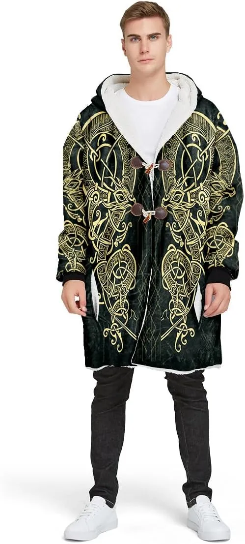 Symbol Tattoo Raven Odin Viking Overcoat 3D All Over Print Thick Warm Hooded Cloak Men Windproof Fleece Jacket