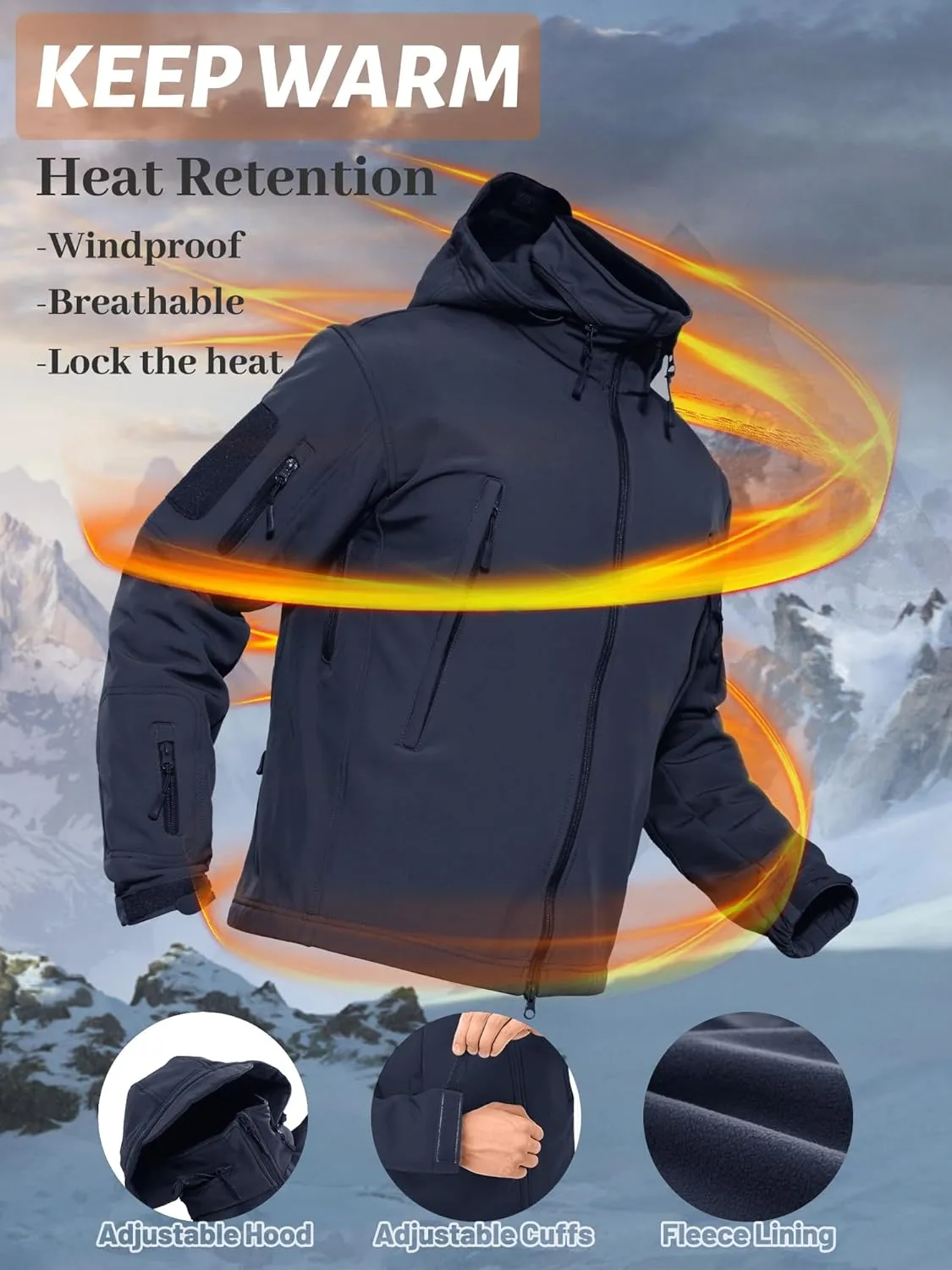 TACVASEN Men's Fleece Lined Tactical Jacket Waterproof Military Hoodie Winter Softshell Jacket Rain Coat Warm Hiking Hunting