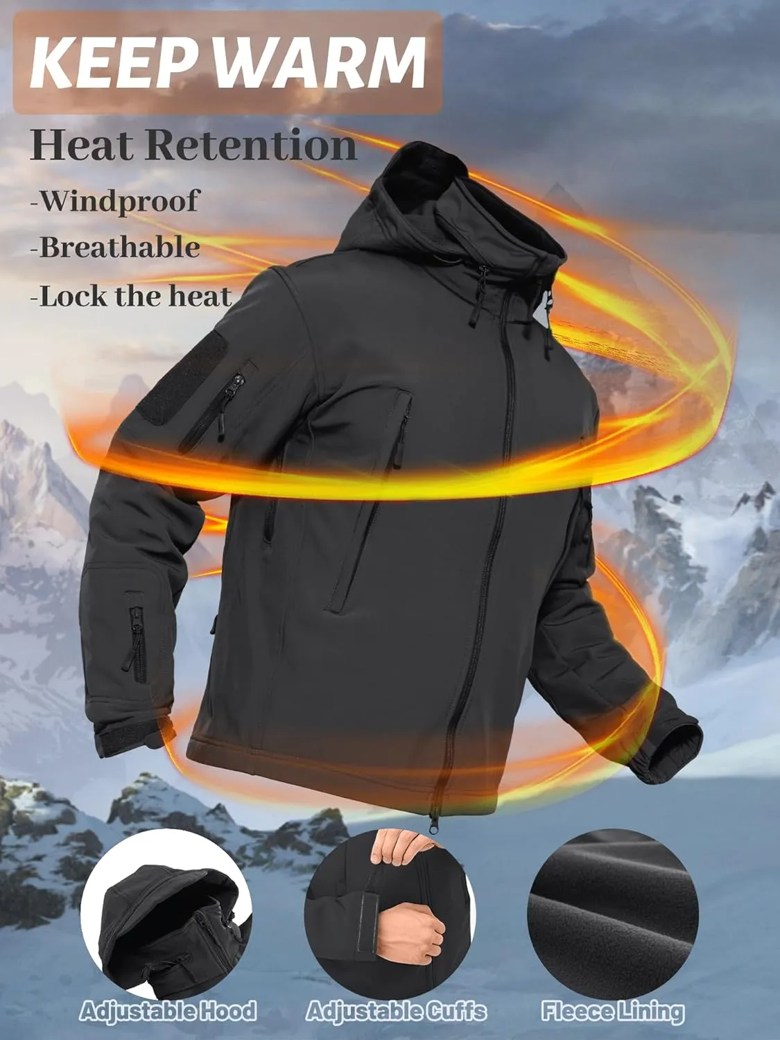 TACVASEN Men's Fleece Lined Tactical Jacket Waterproof Military Hoodie Winter Softshell Jacket Rain Coat Warm Hiking Hunting