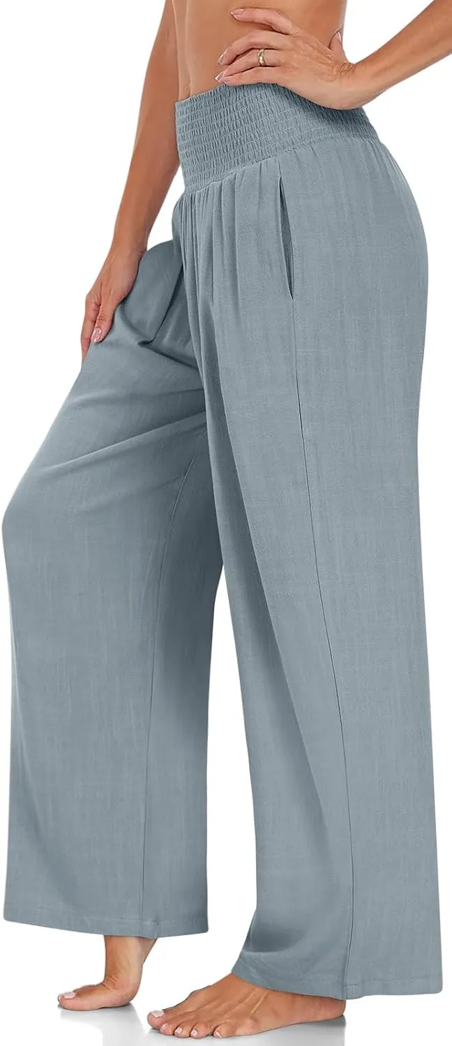 TARSE Womens Summer Linen Palazzo Pants Boho High Waisted Wide Leg Casual Long Lounge Pant Trousers with Pockets