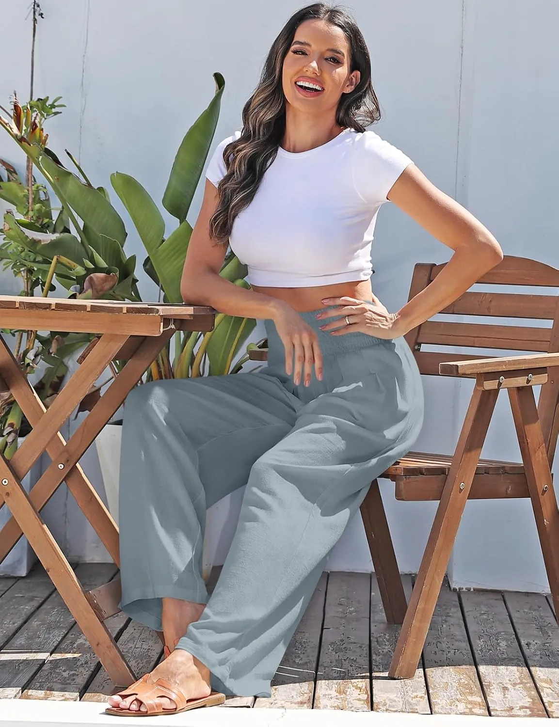 TARSE Womens Summer Linen Palazzo Pants Boho High Waisted Wide Leg Casual Long Lounge Pant Trousers with Pockets