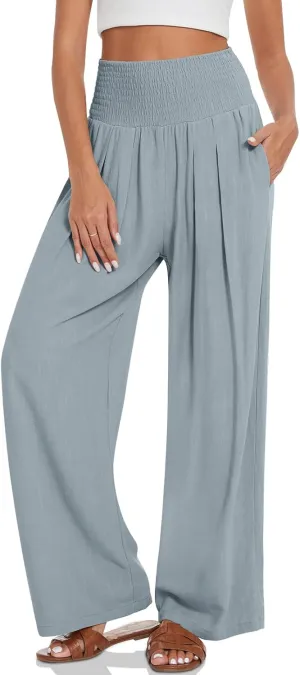 TARSE Womens Summer Linen Palazzo Pants Boho High Waisted Wide Leg Casual Long Lounge Pant Trousers with Pockets