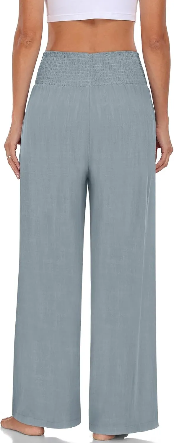 TARSE Womens Summer Linen Palazzo Pants Boho High Waisted Wide Leg Casual Long Lounge Pant Trousers with Pockets