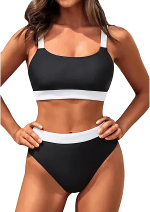 Tempt Me Women Two Piece High Waisted Bikini Swimsuits with Bottoms Teen Scoop Neck Sport Bathing Suits