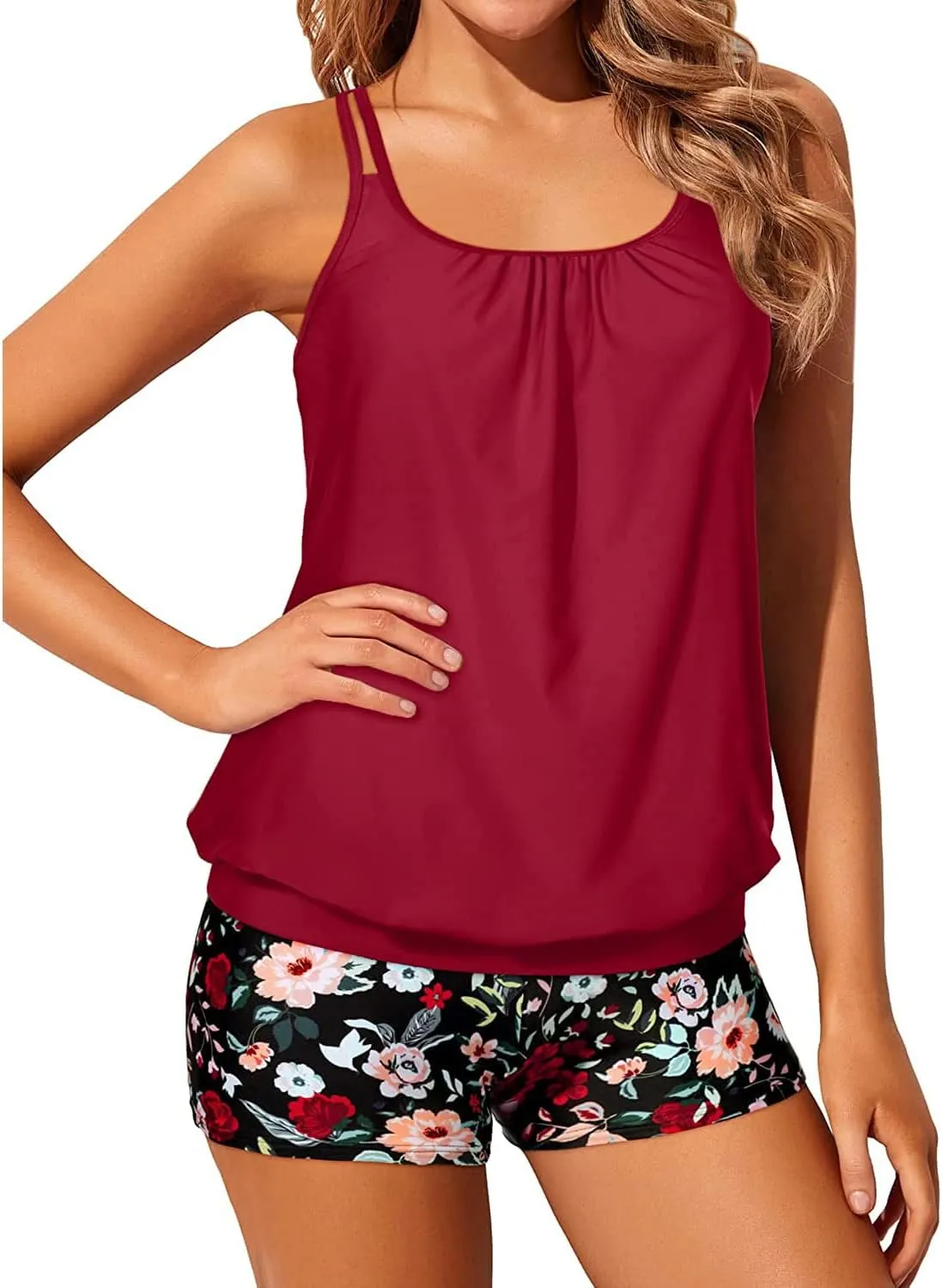 Tempt Me Women Two Piece Tankini Swimsuits Blouson Modest Swim Top Boyshort Bathing Suits
