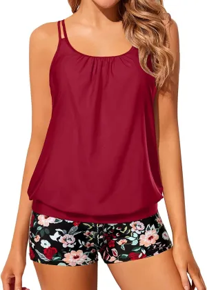 Tempt Me Women Two Piece Tankini Swimsuits Blouson Modest Swim Top Boyshort Bathing Suits