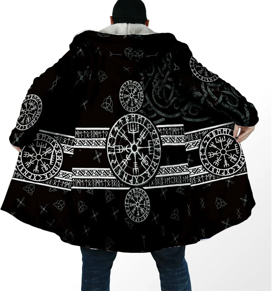Thick Warm Hooded Cloak For Men For Men Symbol Viking Tattoo Raven Odin Overcoat Windproof Fleece Jacket