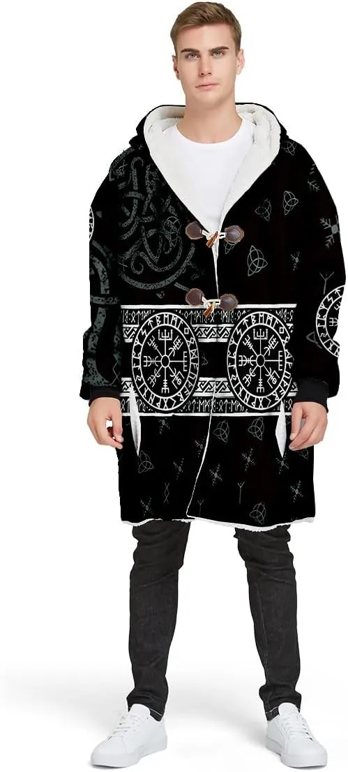 Thick Warm Hooded Cloak For Men For Men Symbol Viking Tattoo Raven Odin Overcoat Windproof Fleece Jacket