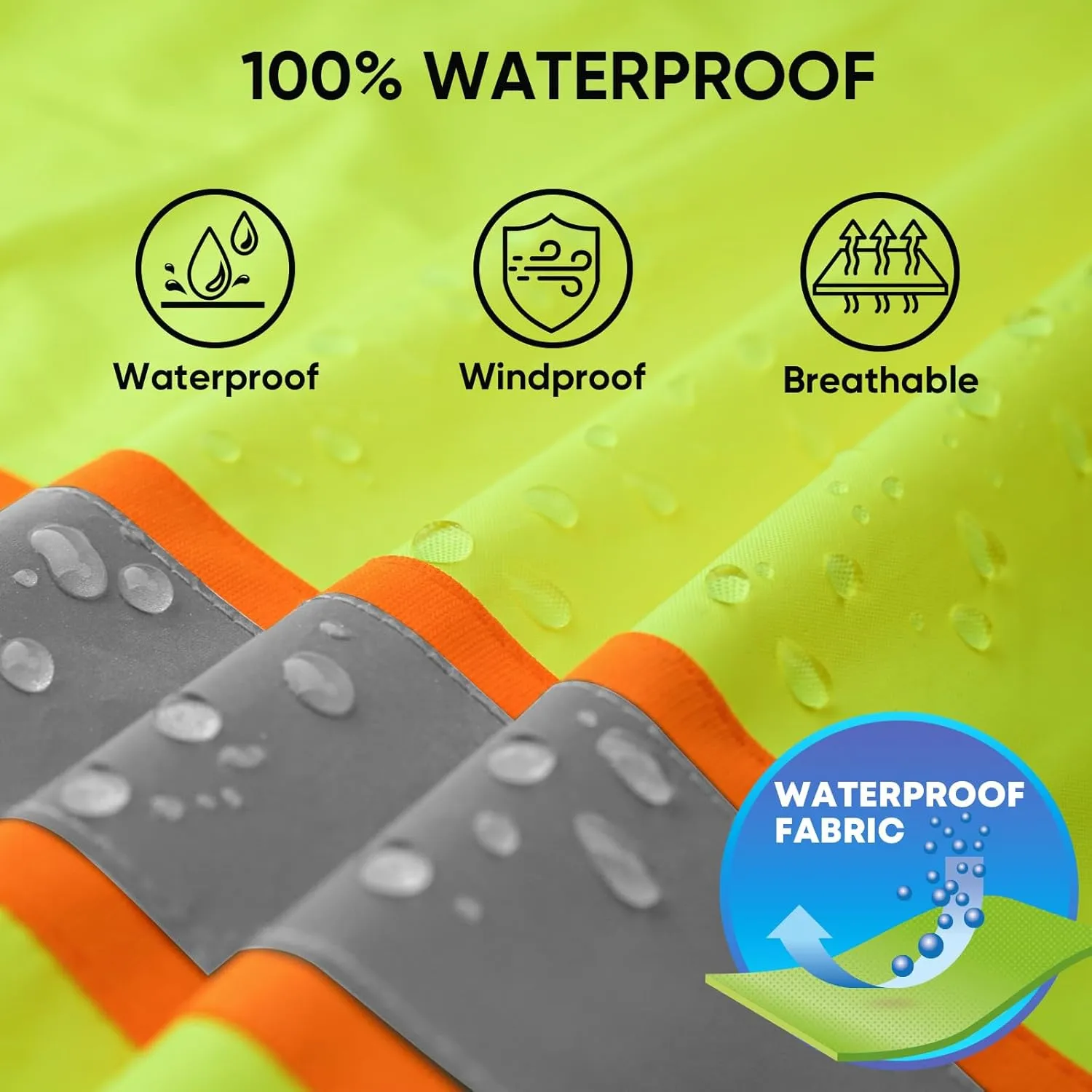 TICONN Reflective Rain Coat, Waterproof Hi Vis Safety Rain Jacket, Heavy Duty ANSI Class 3 High Visibility Trench Coat
