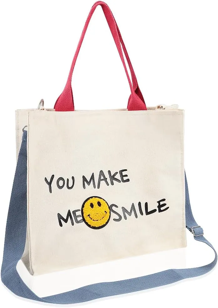 Tote Bag for Women Canvas Structured Purse - Cute Small Shoulder Crossbody Strap Casual Fabric Stripe Handbag
