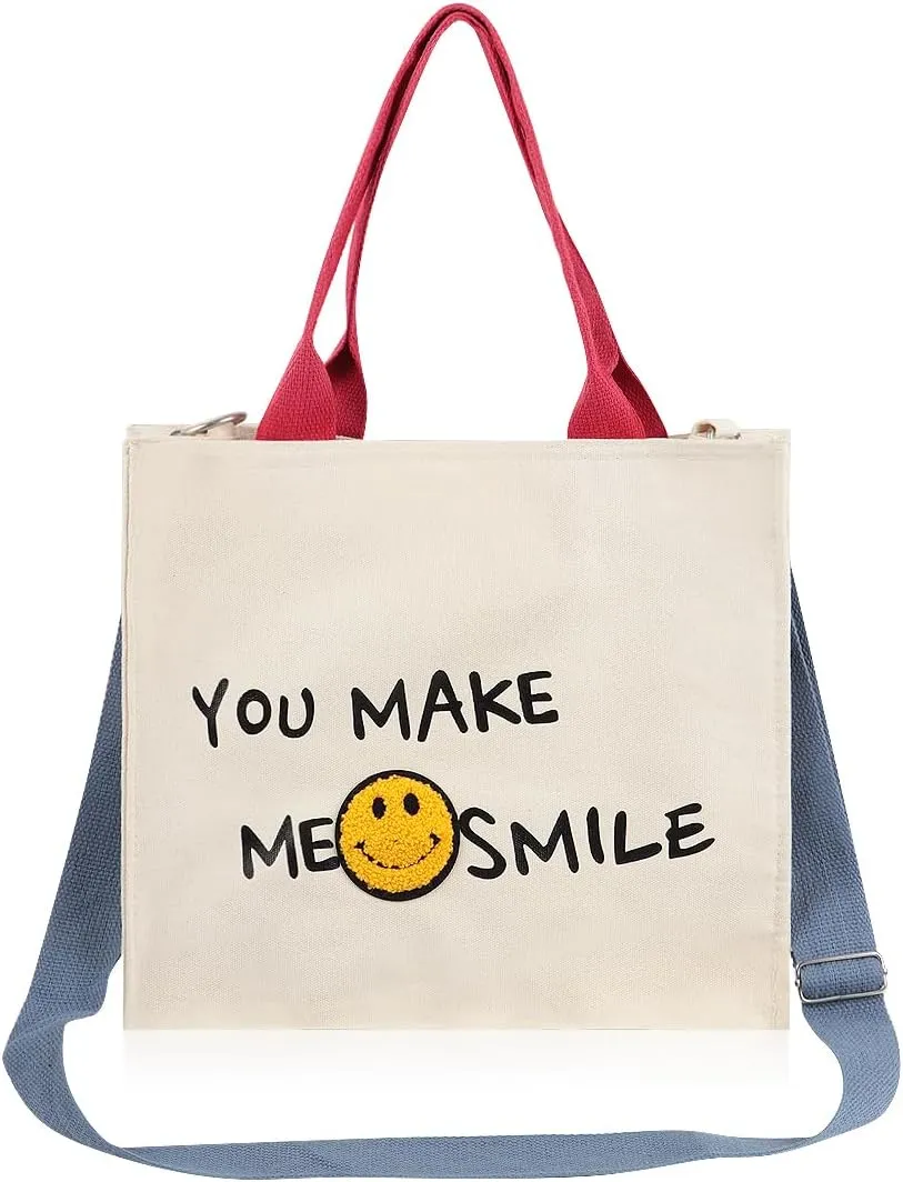 Tote Bag for Women Canvas Structured Purse - Cute Small Shoulder Crossbody Strap Casual Fabric Stripe Handbag
